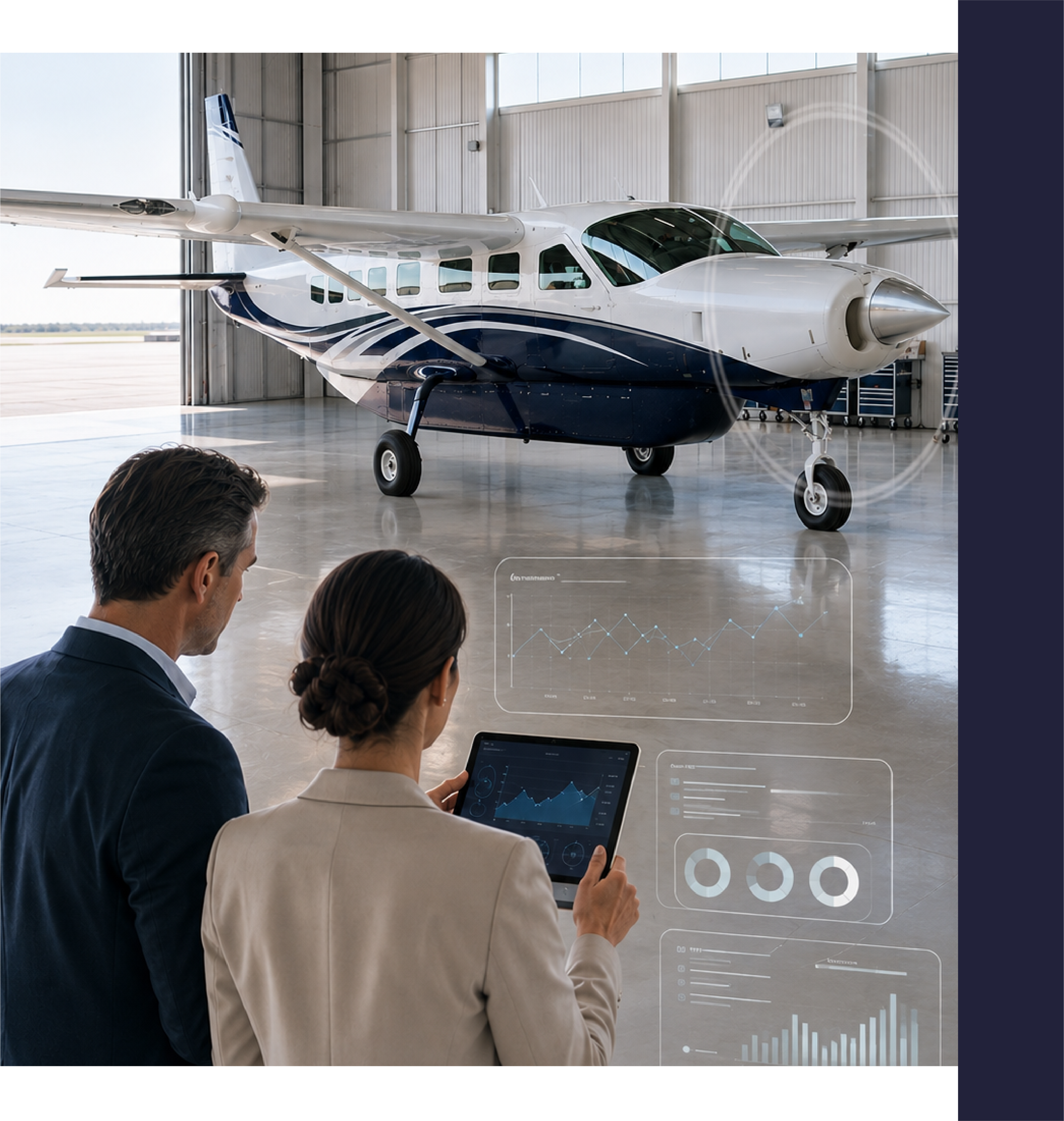 Propietarios revisando una aeronave en hangar