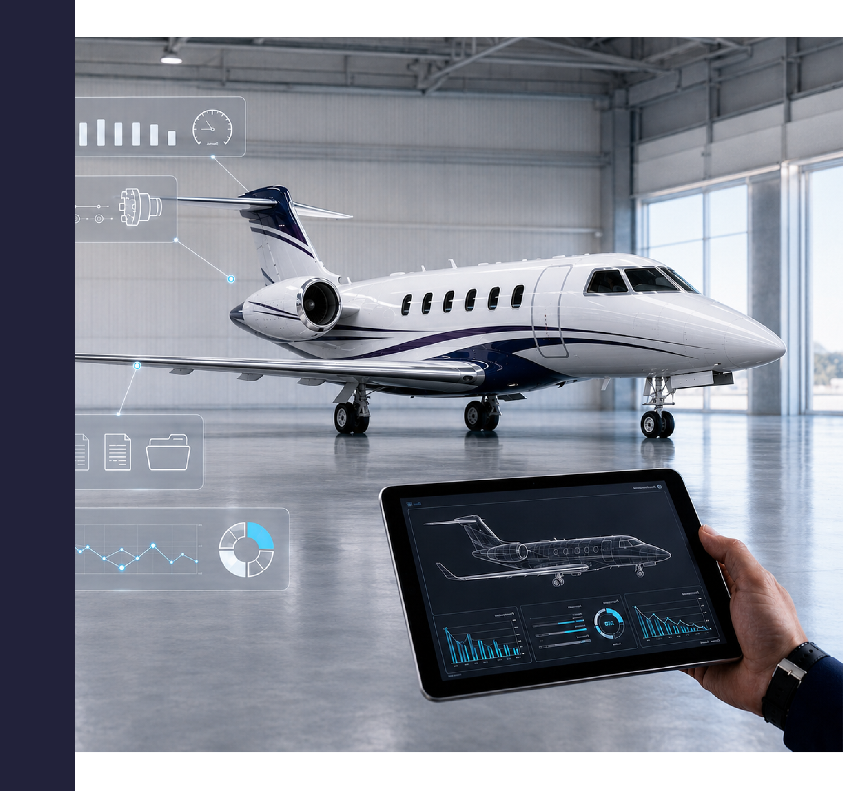 Jet privado en hangar con panel digital de gestión aeronáutica